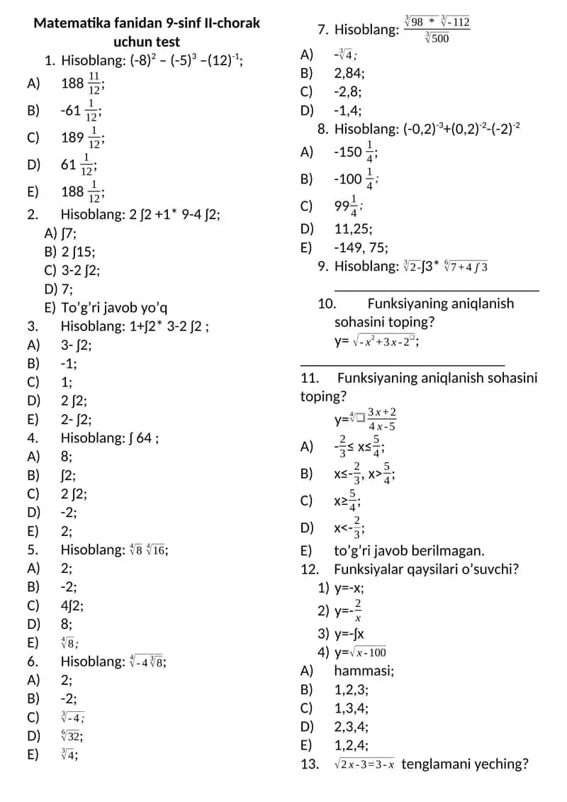 Matematika fanidan 9-sinf II-chorak uchun test 1