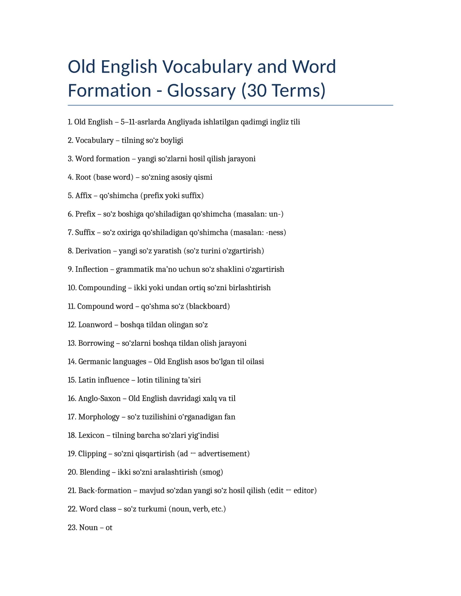 Old English Vocabulary and Word Formation - Glossary (30 Terms) 1