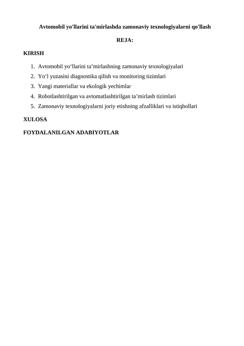 Avtomobil yo'llarini ta'mirlashda zamonaviy texnologiyalarni qo'llash 1