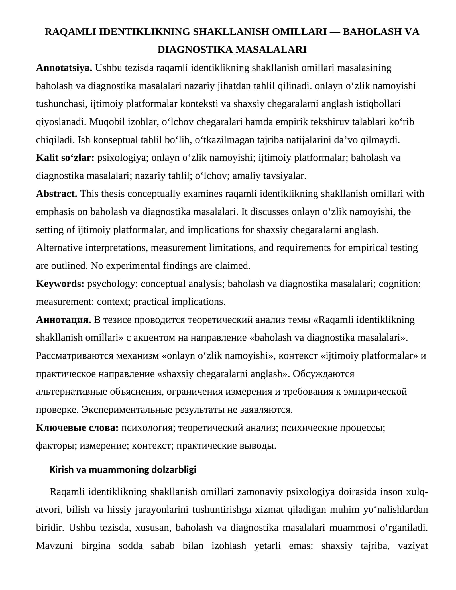 RAQAMLI IDENTIKLIKNING SHAKLLANISH OMILLARI — BAHOLASH VA DIAGNOSTIKA MASALALARI 1