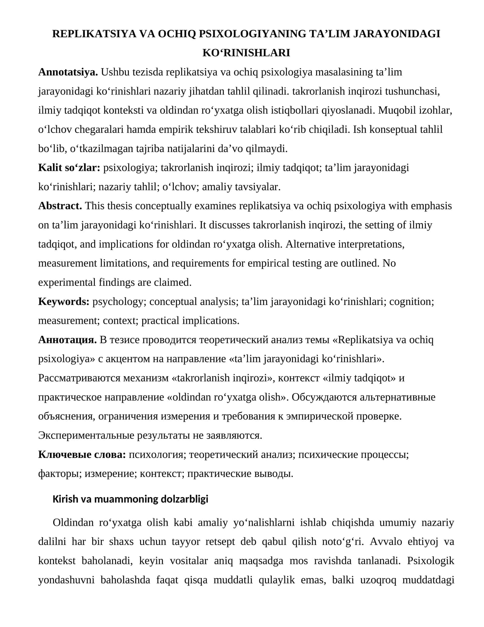 REPLIKATSIYA VA OCHIQ PSIXOLOGIYANING TA’LIM JARAYONIDAGI KO‘RINISHLARI 1