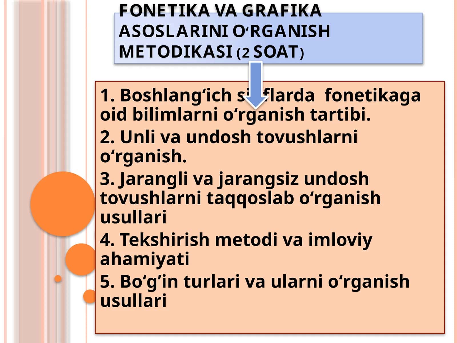 FONETIKA VA GRAFIKA ASOSLARINI OʻRGANISH METODIKASI (2 SOAT) 1