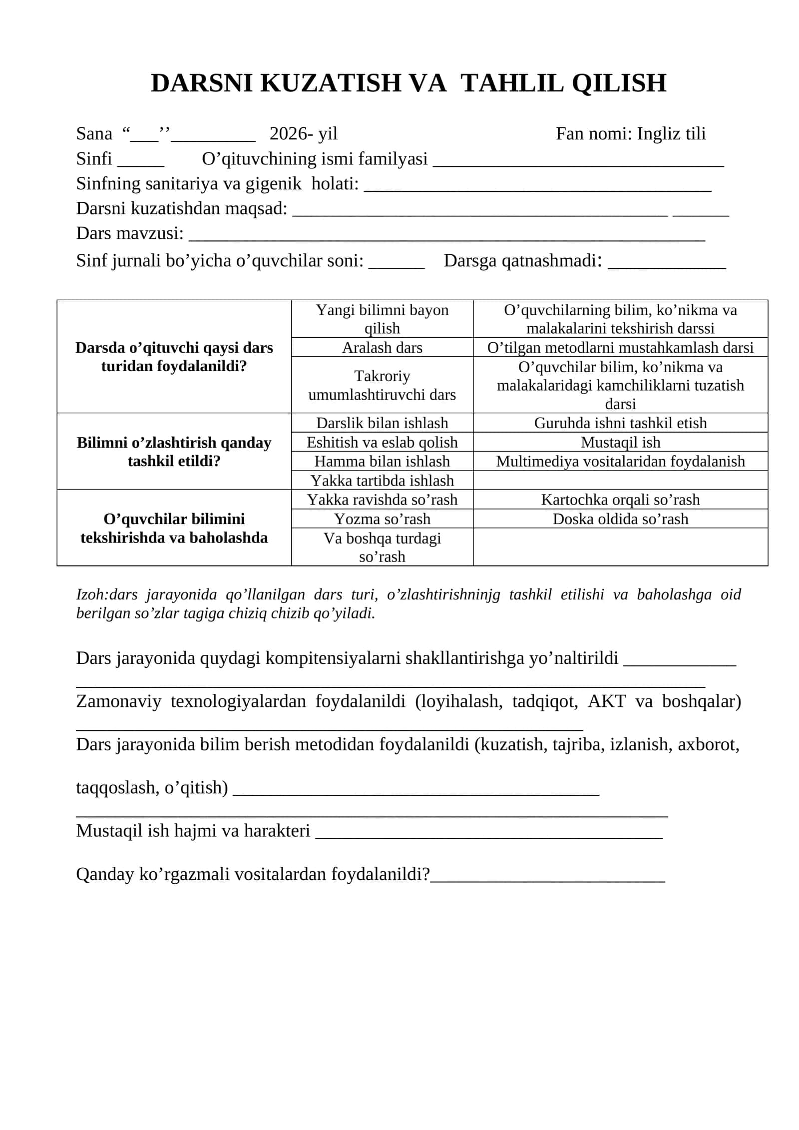 DARSNI KUZATISH VA TAHLIL QILISH 1