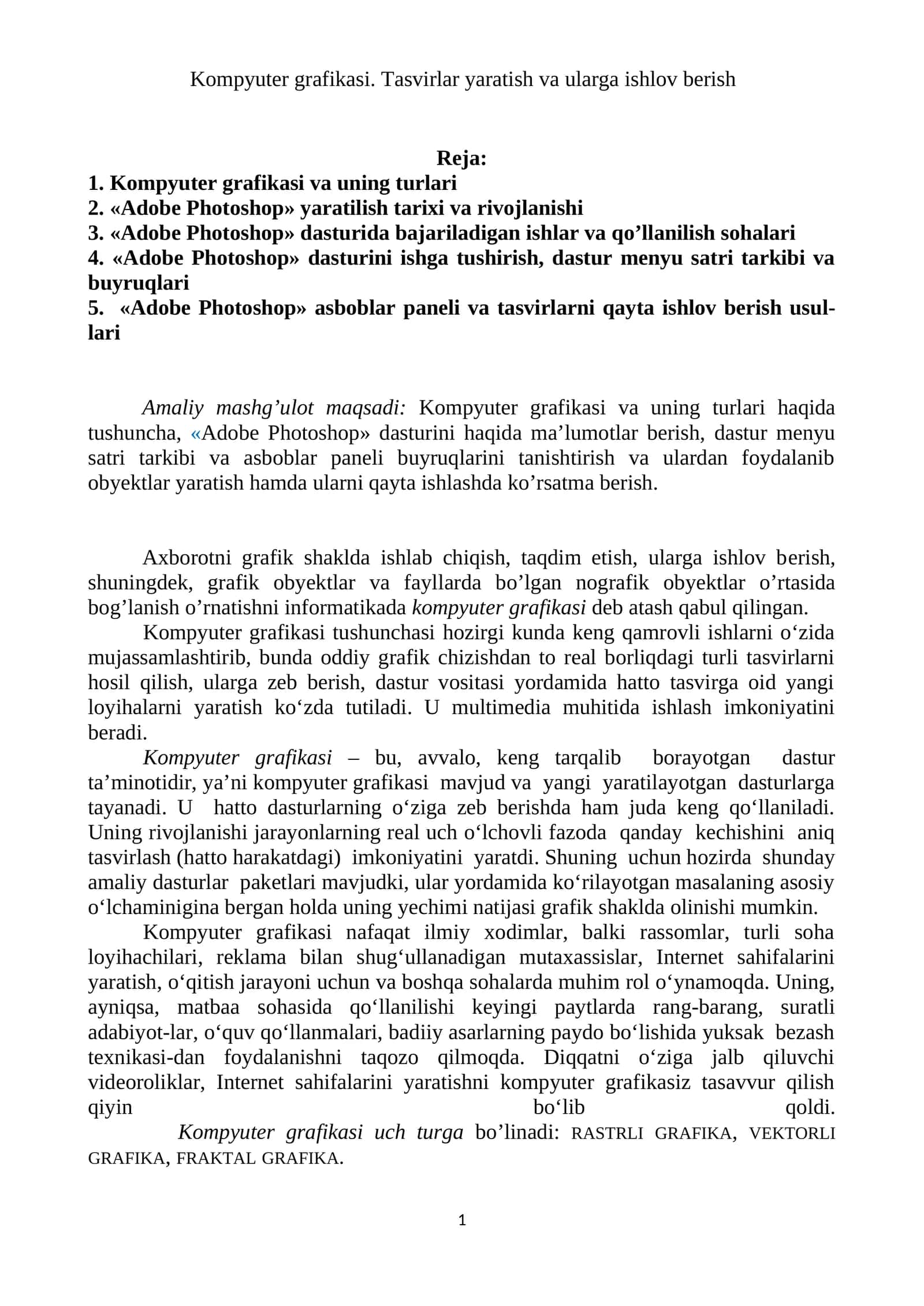 Kompyuter grafikasi. Tasvirlar yaratish va ularga ishlov berish 1