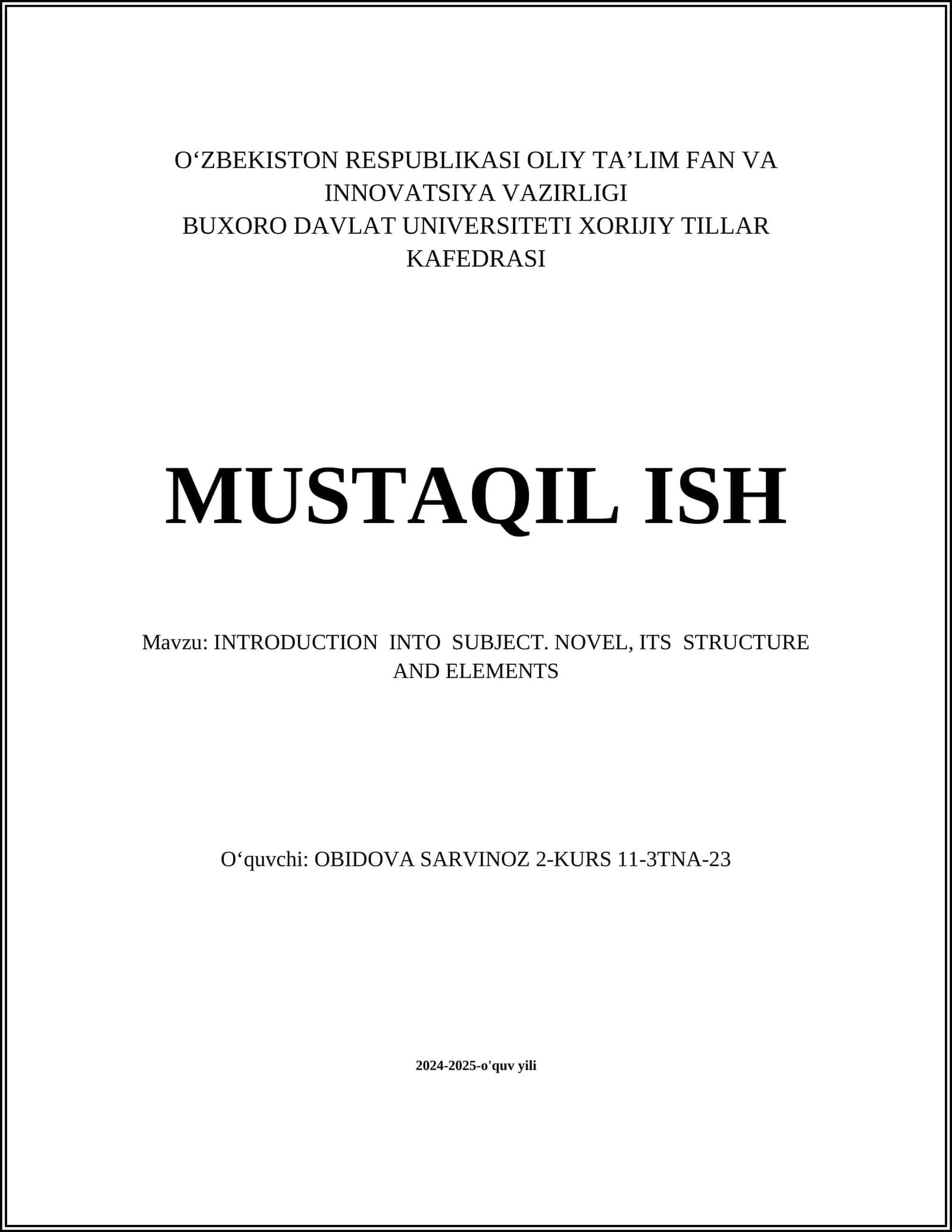 INTRODUCTION INTO SUBJECT. NOVEL, ITS STRUCTURE AND ELEMENTS 1
