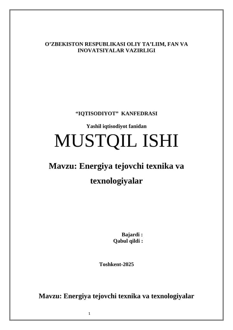 Energiya tejovchi texnika va texnologiyalar 1