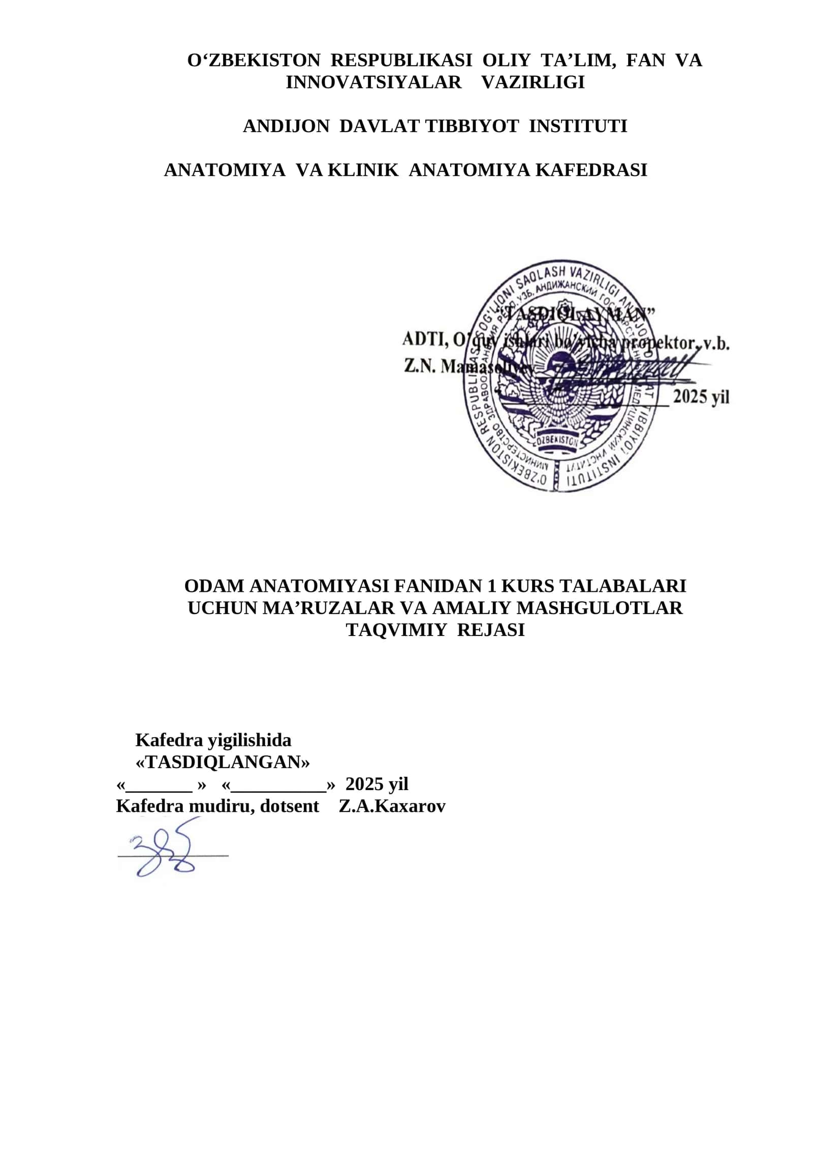 1 KURS DAVOLASH, PEDIATRIYA, TIBBIY PROFILAKTIKA VA FUNDAMENTAL TIBBIYOT FAKULTETI TALABALARI UCHUN MA’RUZA VA AMALIY MASHGULOTLAR MAVZULARI 1
