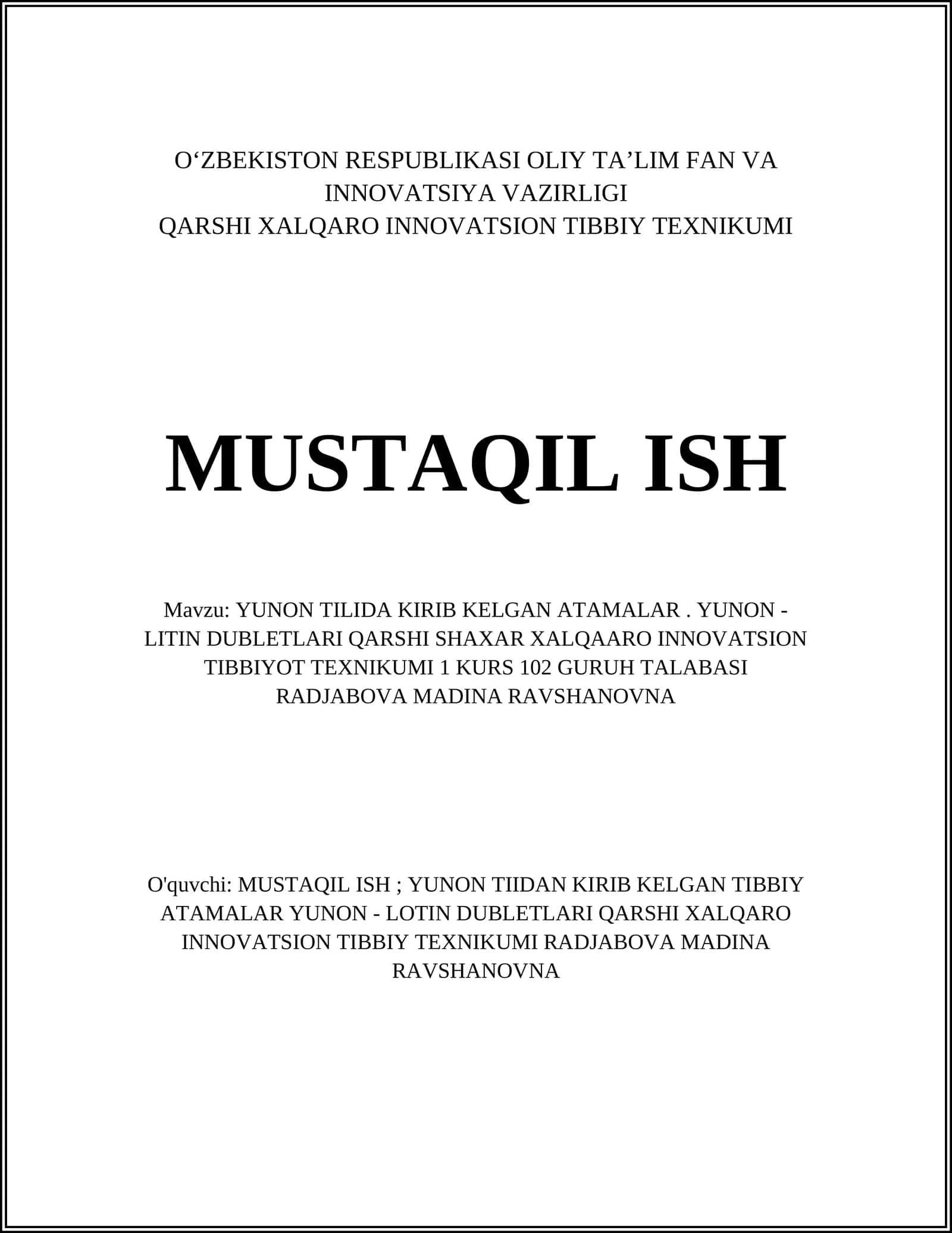 YUNON TILIDA KIRIB KELGAN ATAMALAR. YUNON - LITIN DUBLETLARI QARSHI 1
