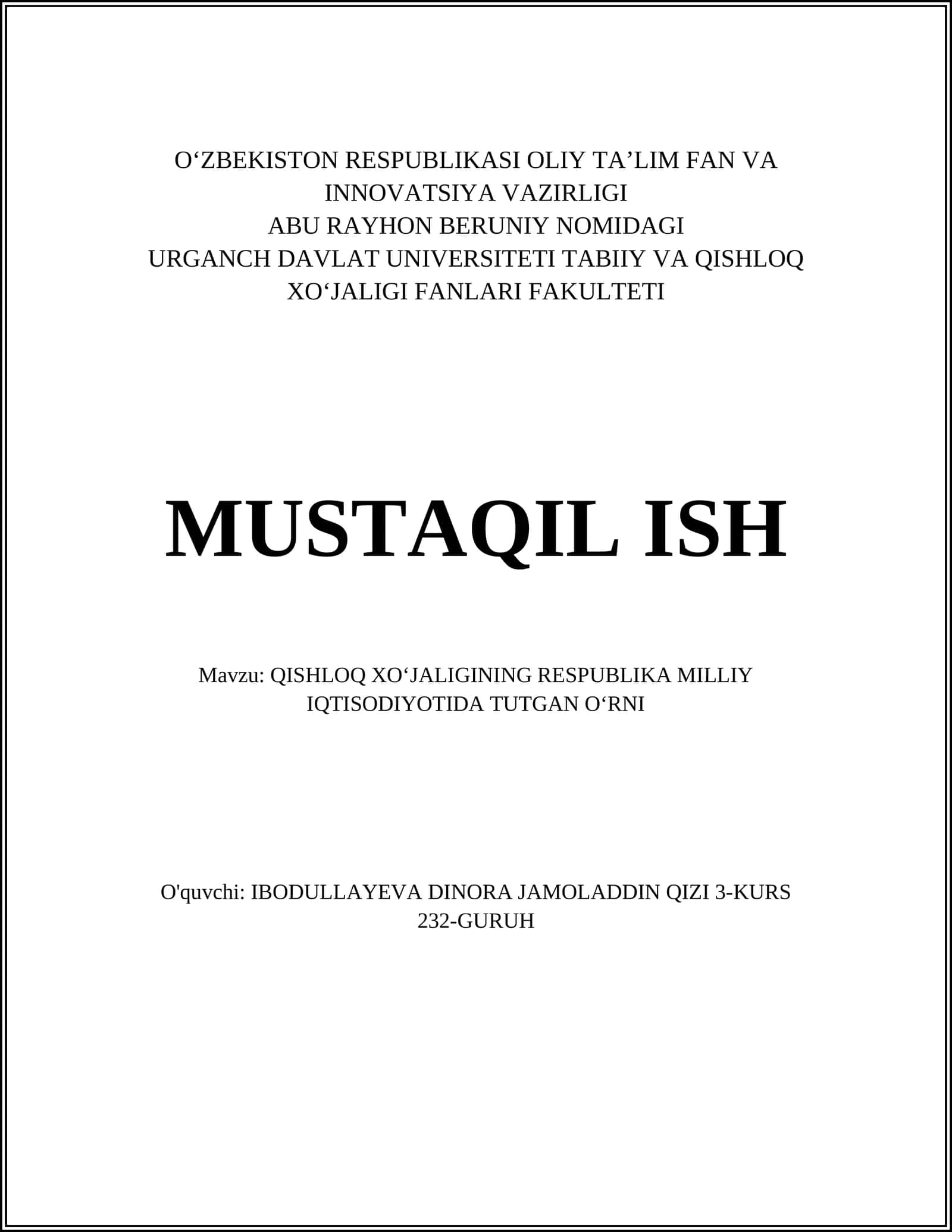 QISHLOQ XOʻJALIGINING RESPUBLIKA MILLIY IQTISODIYOTIDA TUTGAN OʻRNI 1