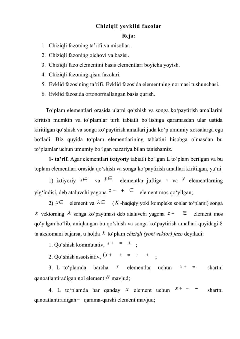 Chiziqli yevklid fazolar 1