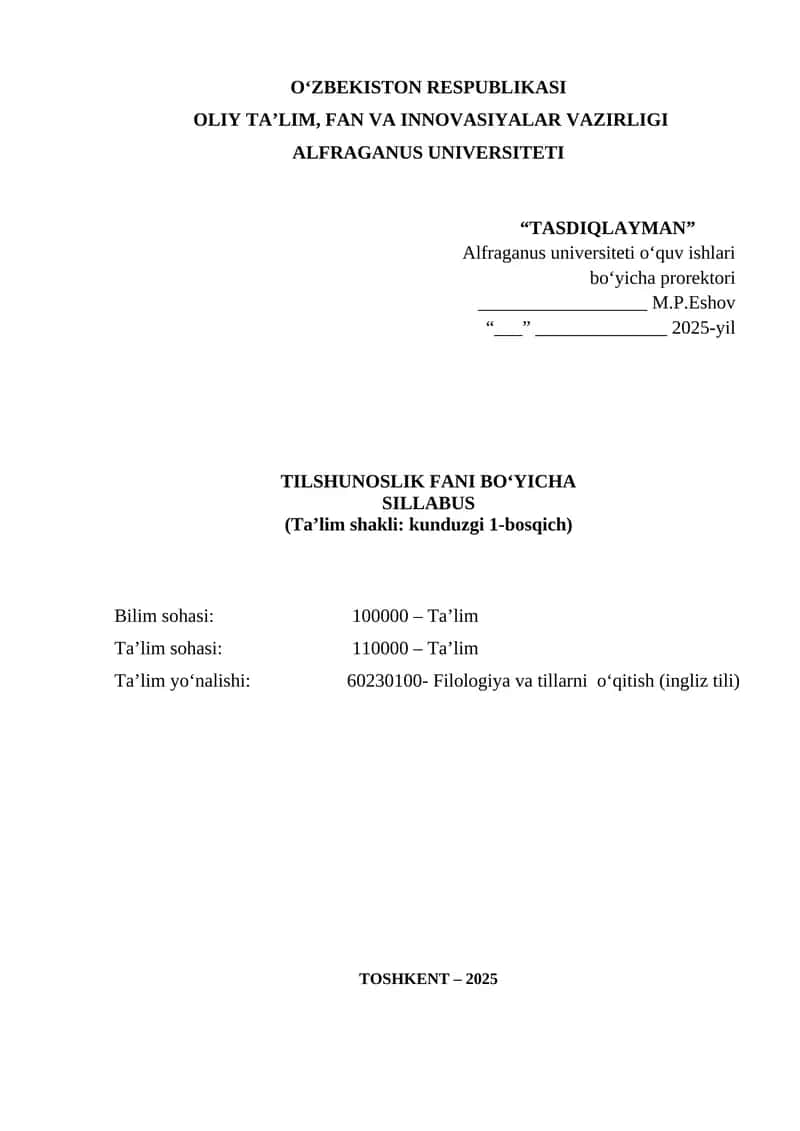 TILSHUNOSLIK FANI BO‘YICHA SILLABUS 1