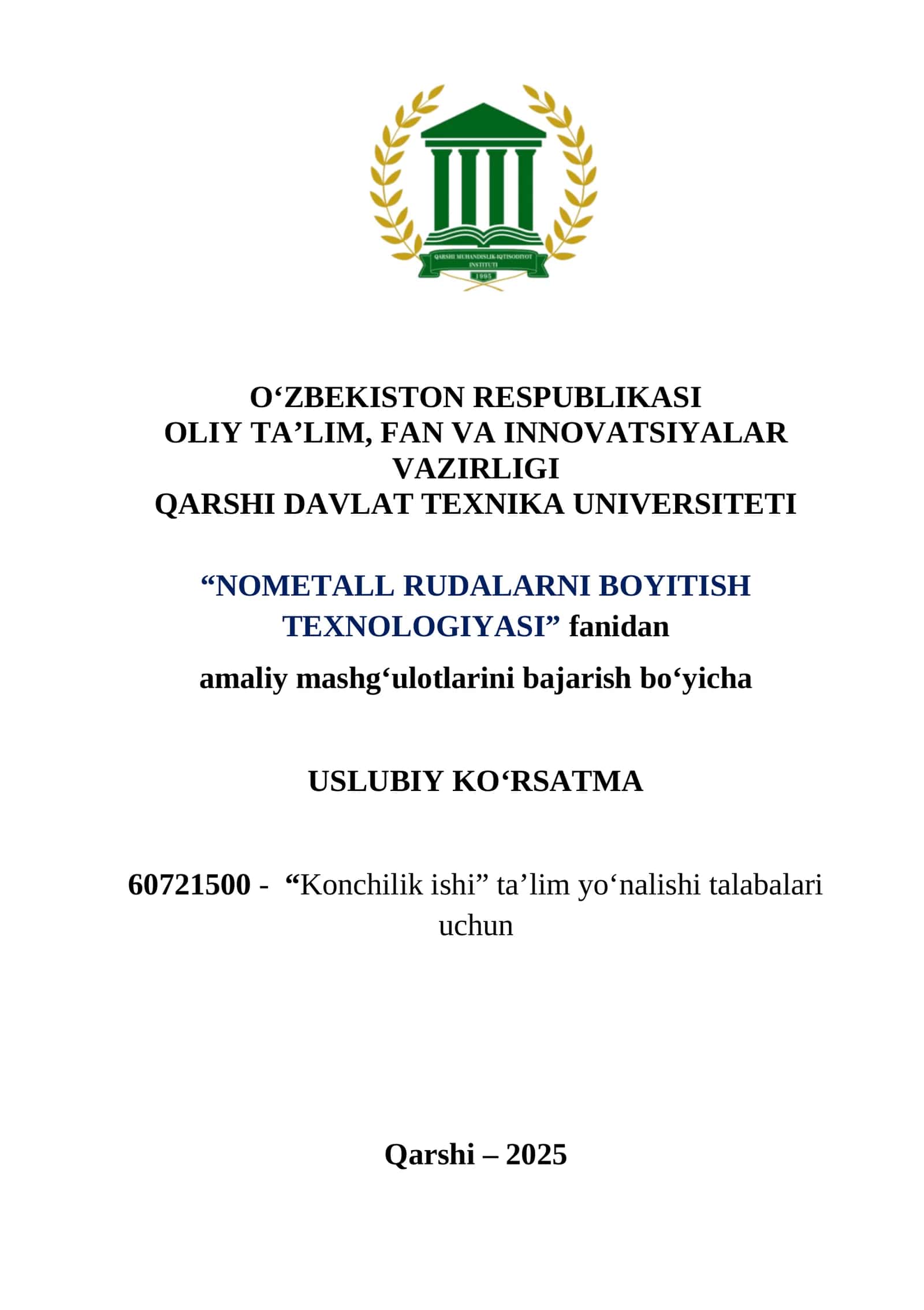 Amaliy mashg'ulotlar - "Nometall rudalarni boyitish texnologiyasi" 1