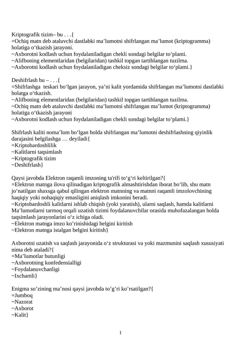 Kriptografik tizim testlar 1