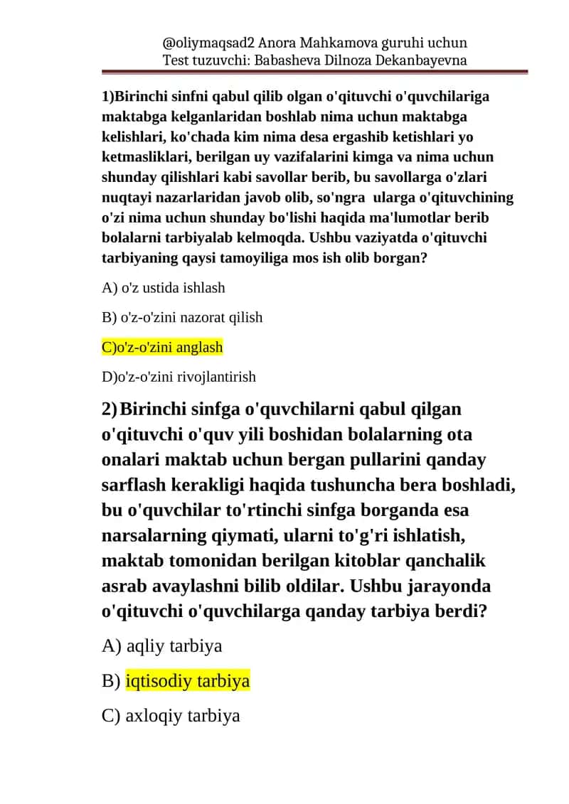 Test tuzuvchi Anora Mahkamova guruhi uchun 1