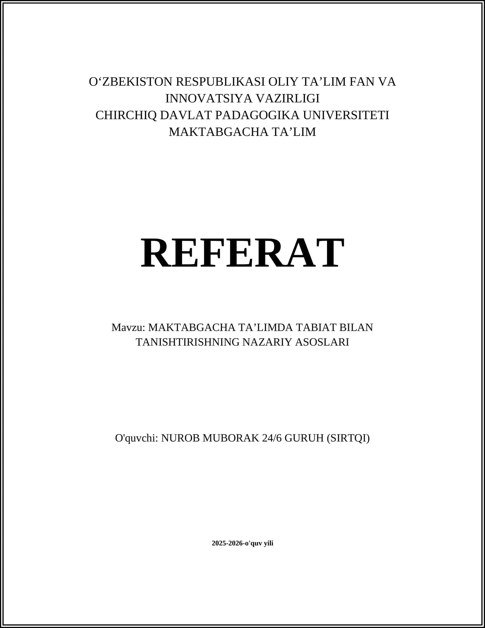 MAKTABGACHA TA’LIMDA TABIAT BILAN TANISHTIRISHNING NAZARIY ASOSLARI 1