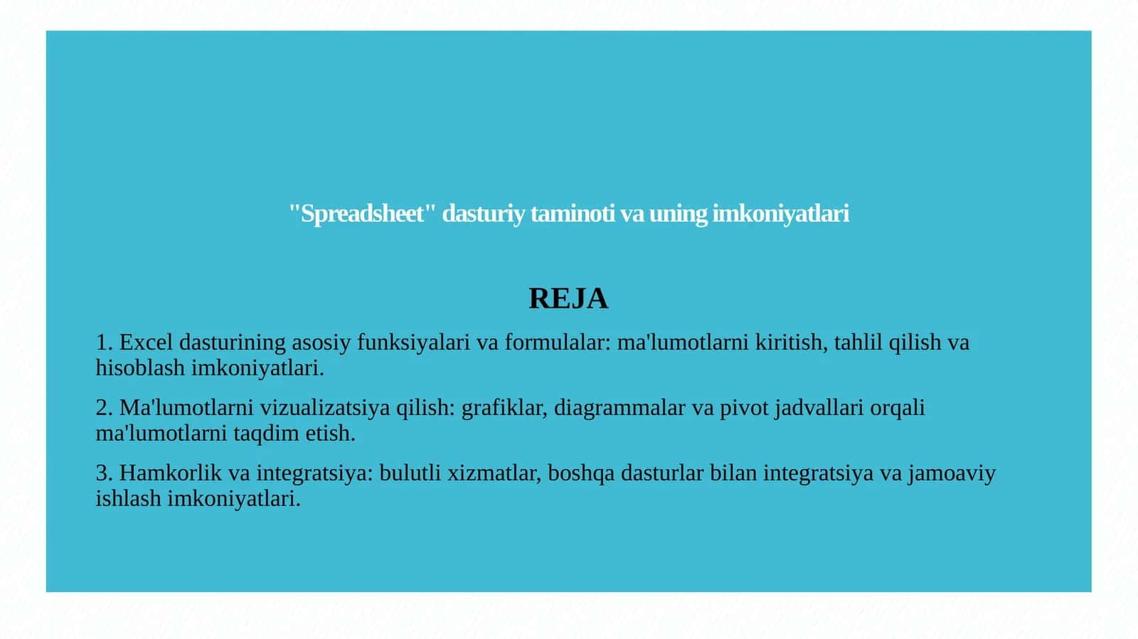Spreadsheet   dasturiy taminoti va uning imkoniya 1