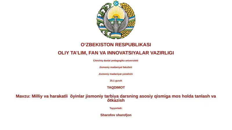 Milliy va harakatli õyinlar jismoniy tarbiya darsi 1