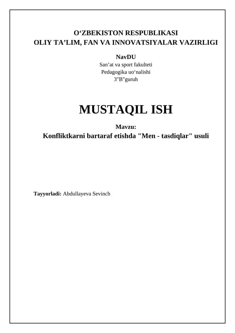 Konfliktkarni bartaraf etishda "Men - tasdiqlar" usuli 1