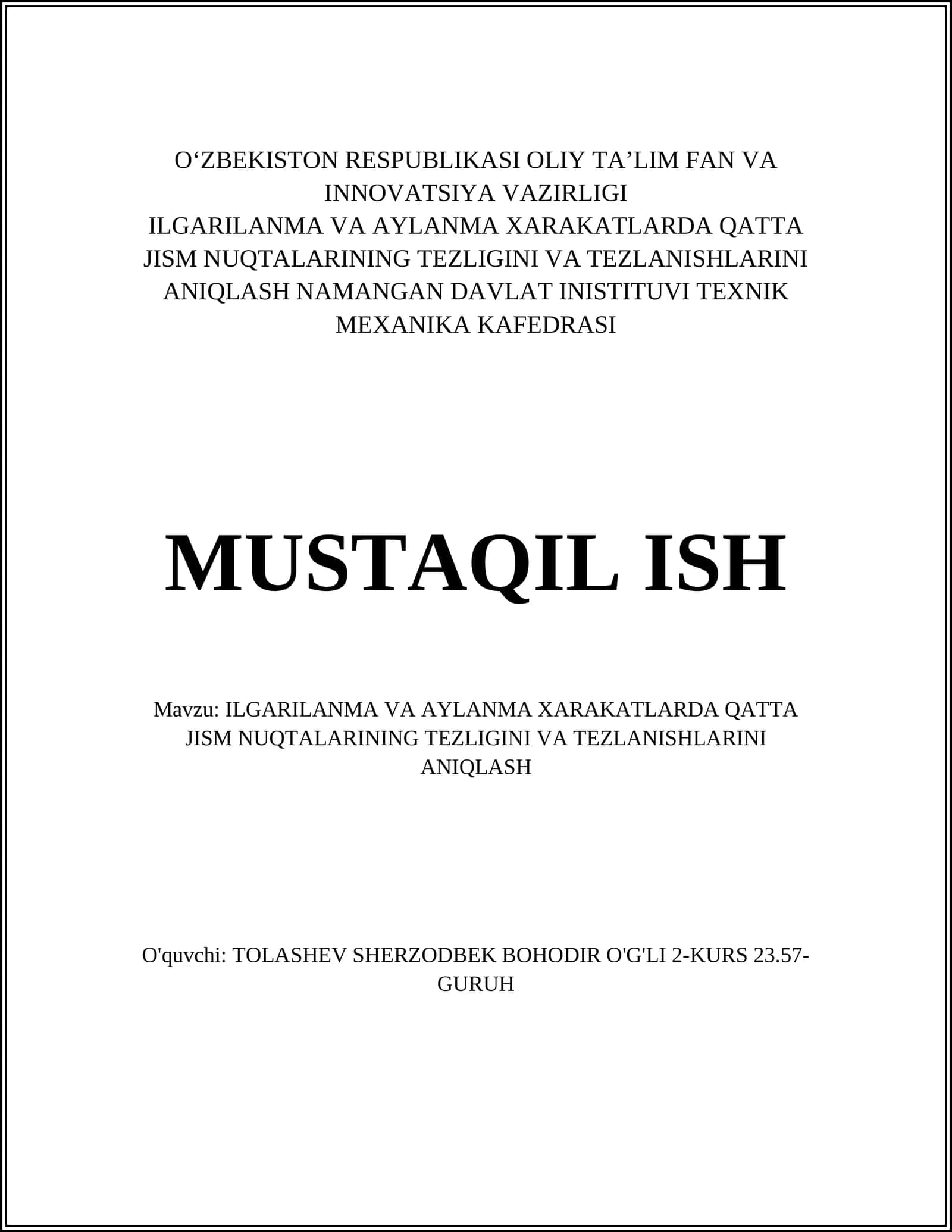 ILGARILANMA VA AYLANMA XARAKATLARDA QATTA JISM NUQTALARINING TEZLIGINI VA TEZLANISHLARINI ANIQLASH 1