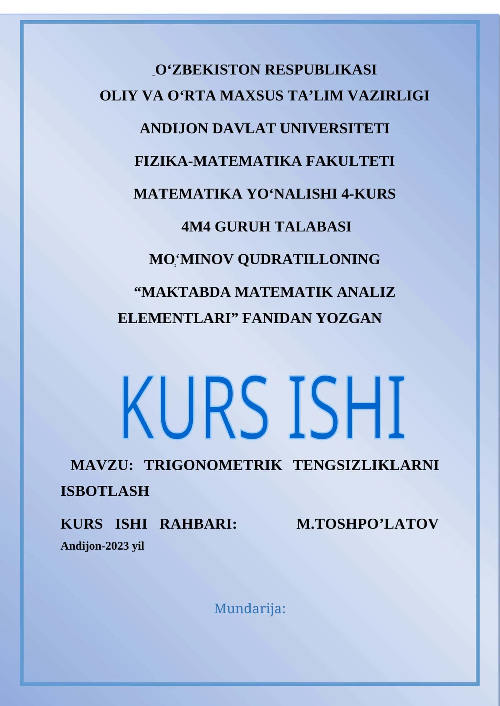 “MAKTABDA MATEMATIK ANALIZ ELEMENTLARI” FANIDAN YOZGAN 1