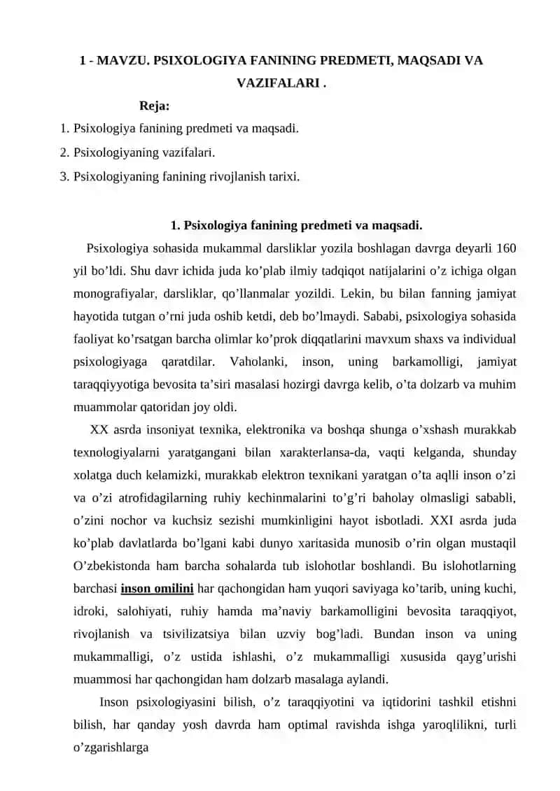 Psixologiya Fanining Predmeti, Maqsadi va Vazifalari