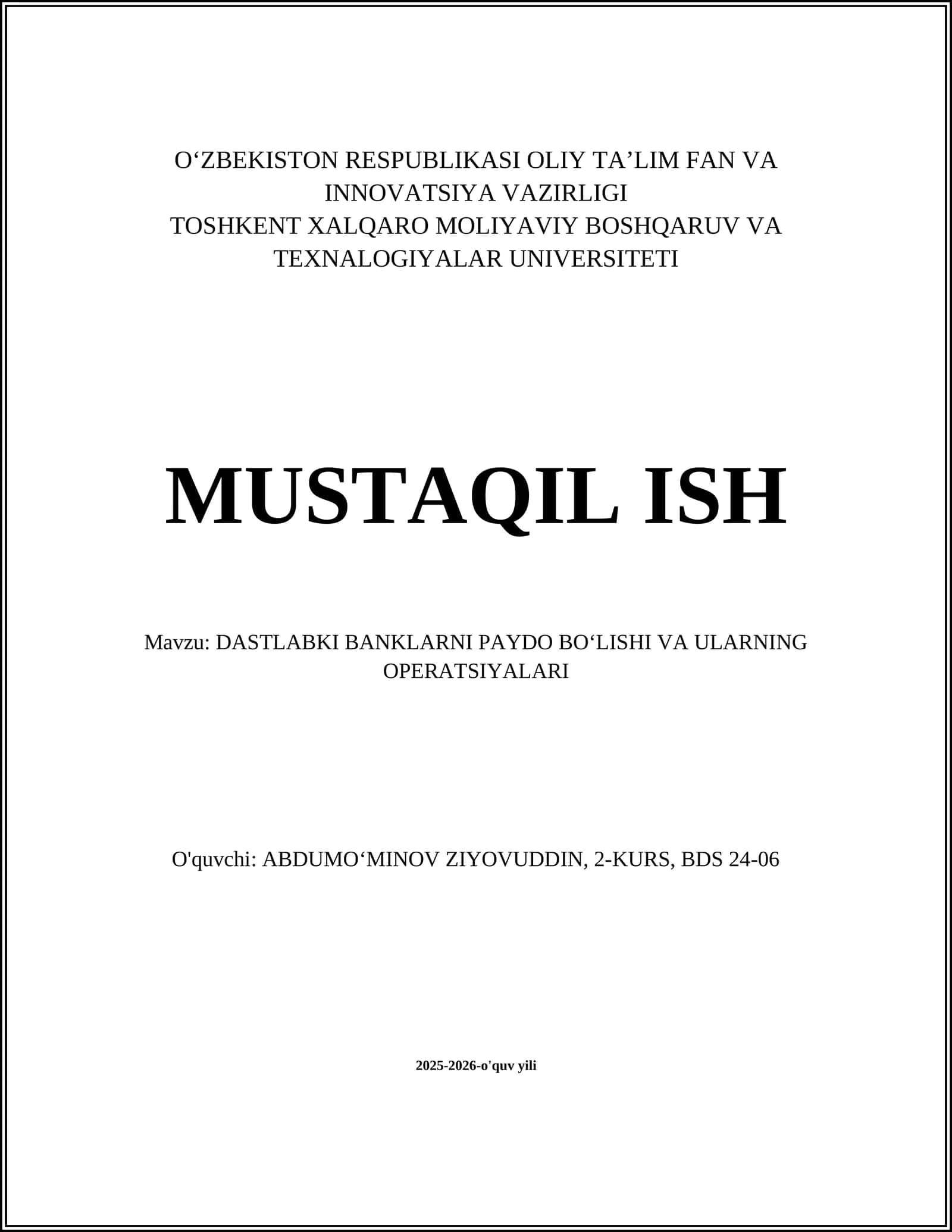 Dastlabki Banklarni Paydo boʻlishi va Ularning Operatsiyalari 1
