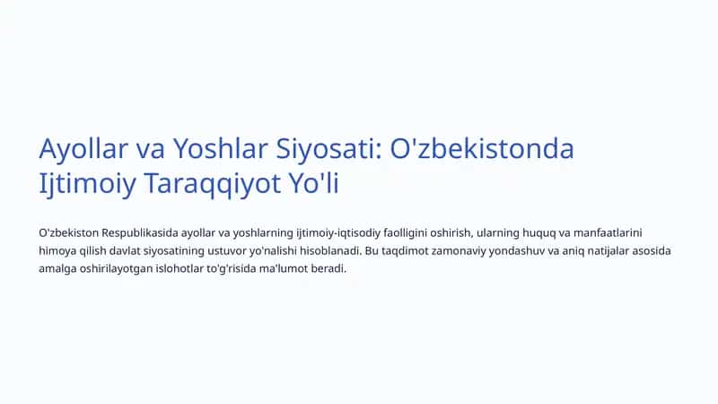 Ayollar va Yoshlar Siyosati: O'zbekistonda Ijtimoiy Taraqqiyot Yo'li 1