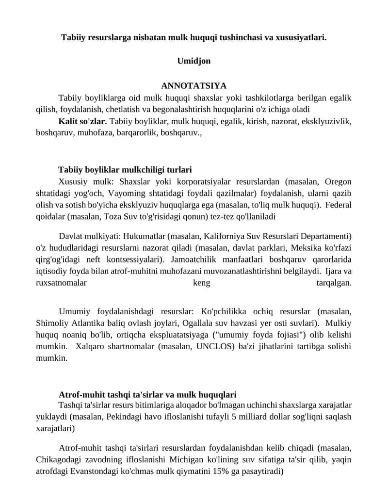Tabiiy resurslarga nisbatan mulk huquqi tushinchasi va xususiyatlari 1