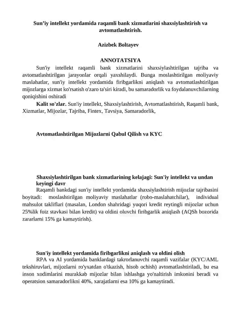 Sun'iy intellekt yordamida raqamli bank xizmatlarini shaxsiylashtirish va avtomatlashtirish