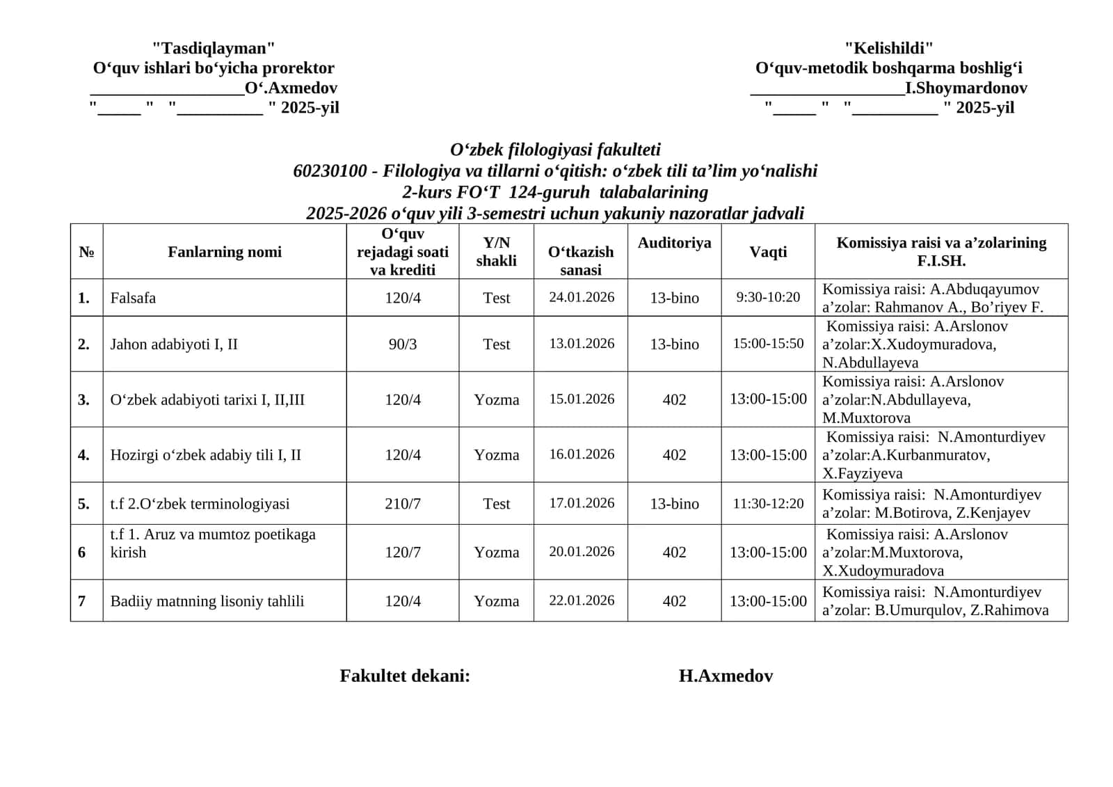Yakuniy nazoratlar jadvali 2025-2026 1