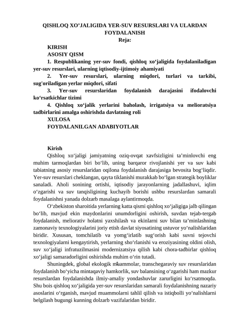 Yer-suv resurslari va ularni qo'llash 1