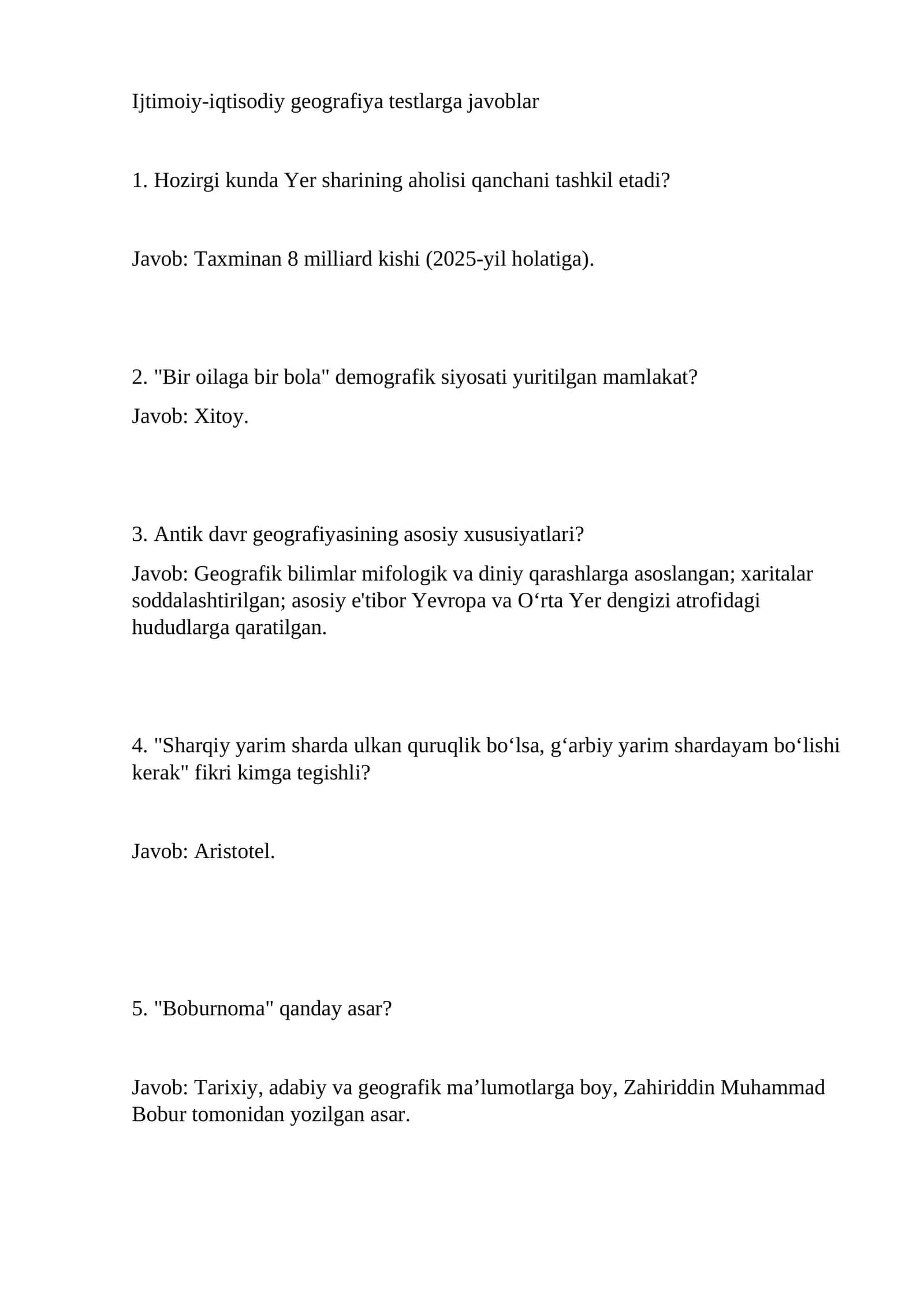 Ijtimoiy-iqtisodiy geografiya testlarga javoblar 1