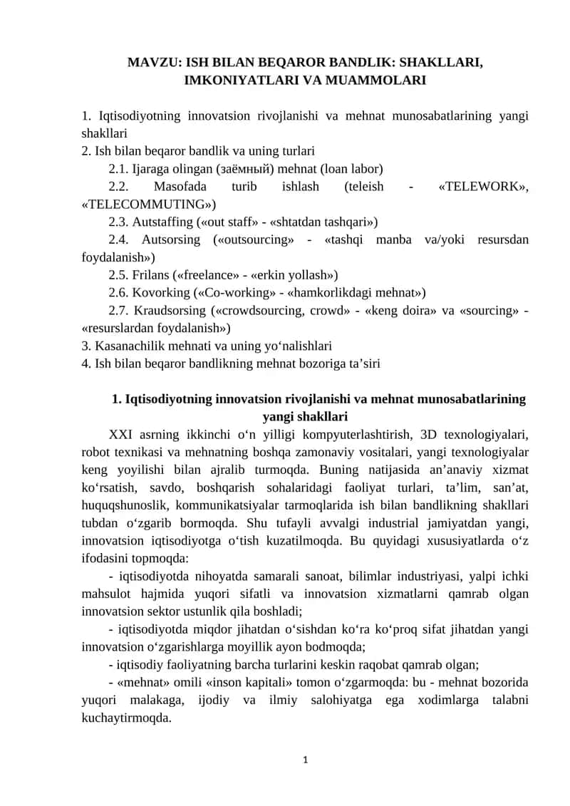 ISH BILAN BEQAROR BANDLIK: SHAKLLARI, IMKONIYATLARI VA MUAMMOLARI 1