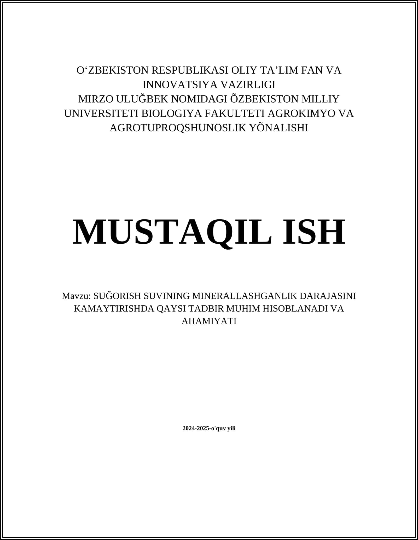SUĞORISH SUVINING MINERALLASHGANLIK DARAJASINI KAMAYTIRISHDA QAYSI TADBIR MUHIM HISOBLANADI VA AHAMIYATI 1