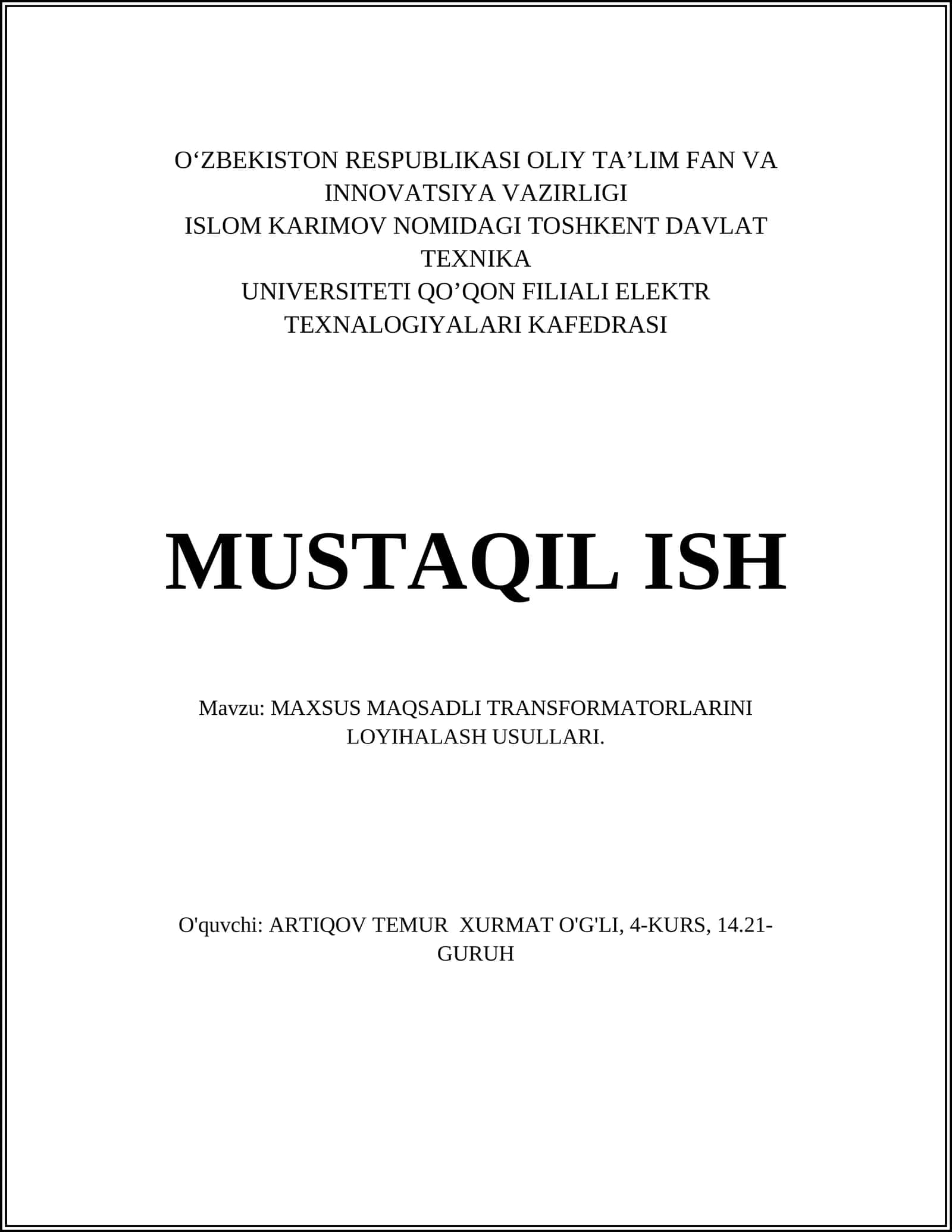 MAXSUS MAQSADLI TRANSFORMATORLARINI LOYIHALASH USULLARI 1