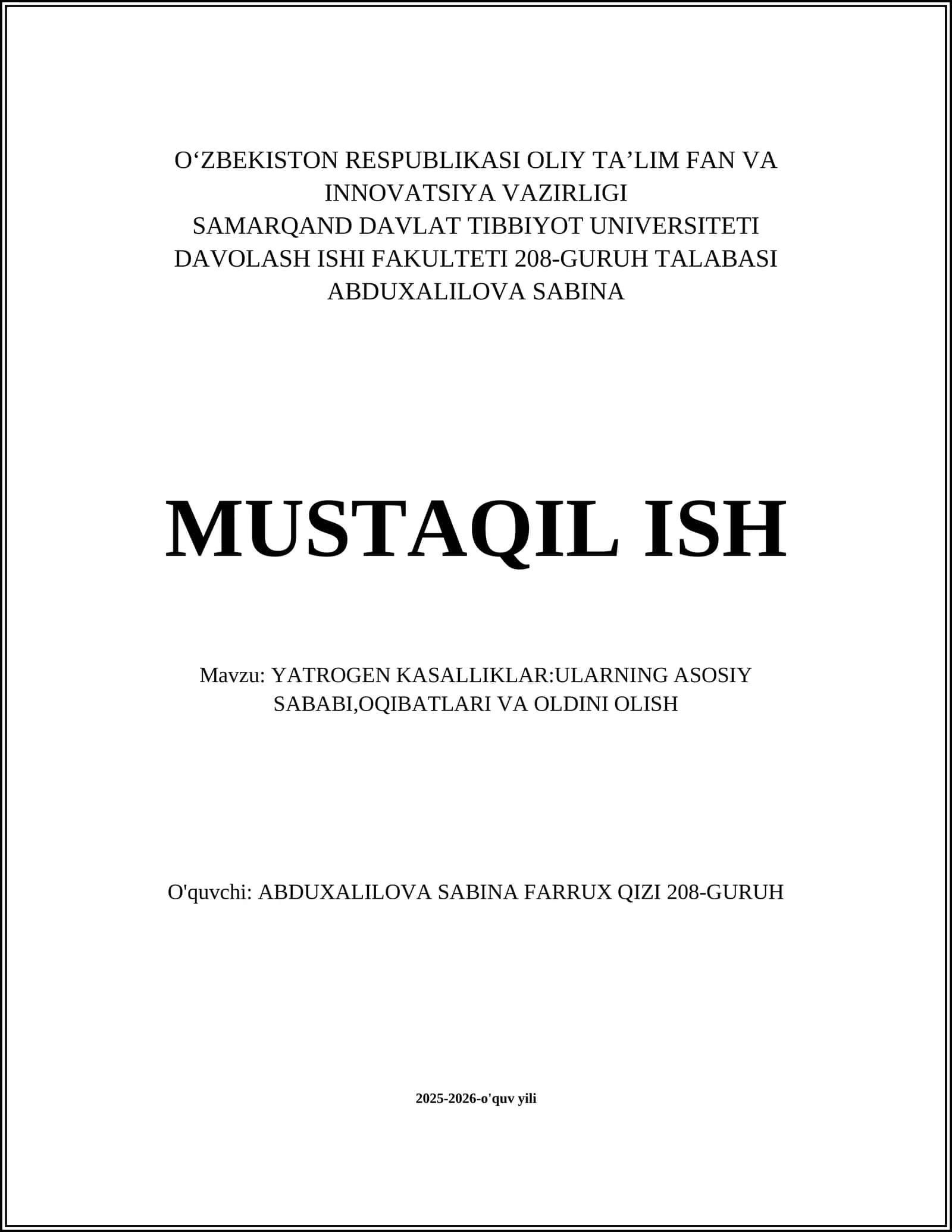 YATROGEN KASALLIKLAR:ULARNING ASOSIY SABABI,OQIBATLARI VA OLDINI OLISH 1