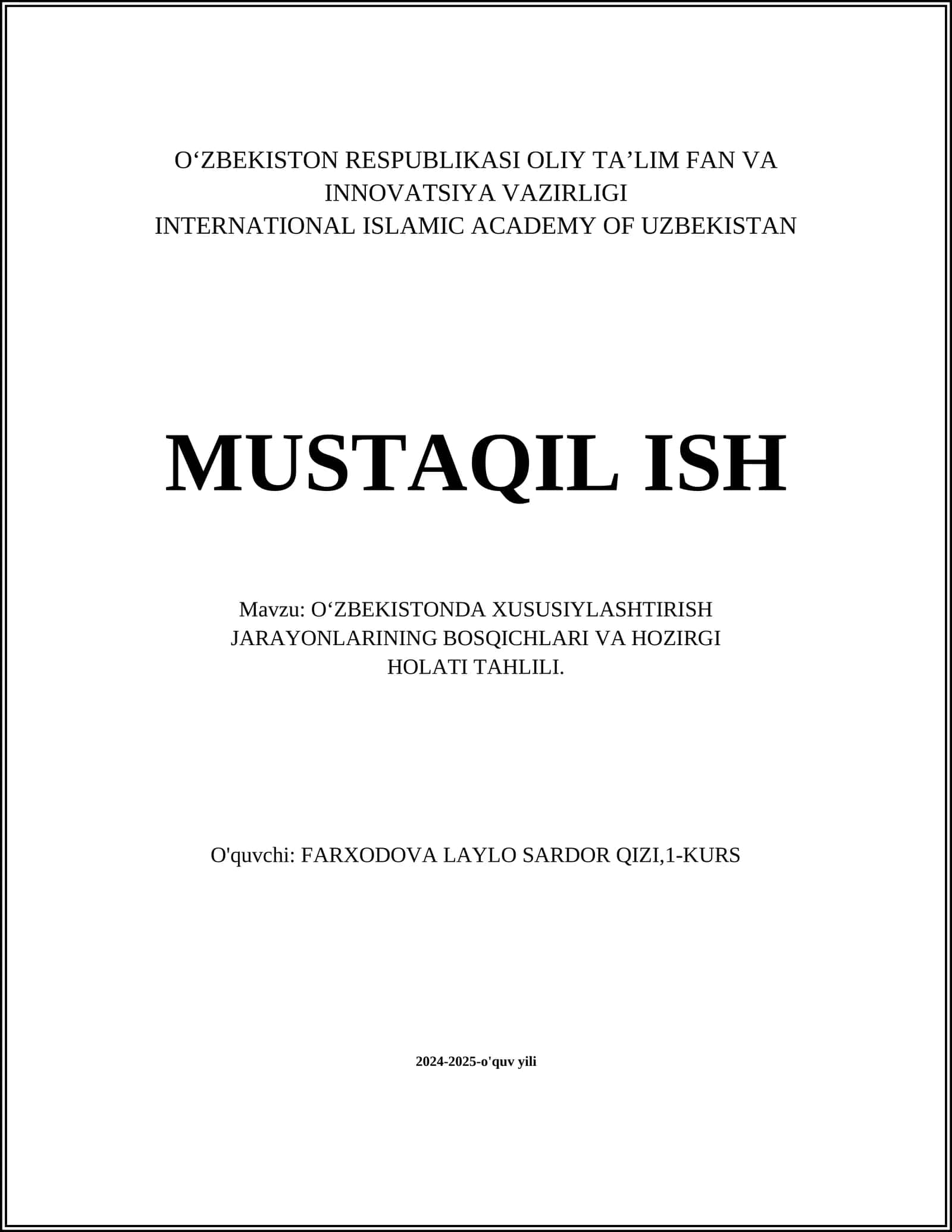 O‘ZBEKISTONDA XUSUSIYLASHTIRISH JARAYONLARINING BOSQICHLARI VA HOZIRGI HOLATI TAHLILI 1