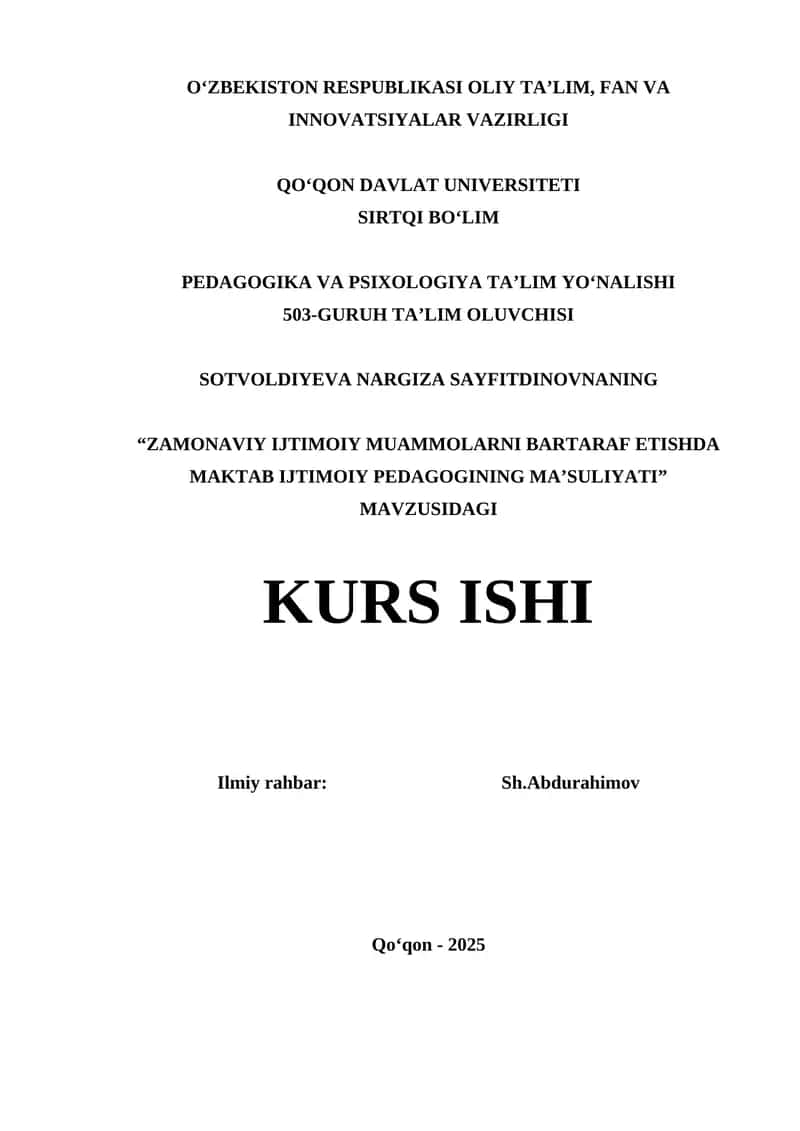 "ZAMONAVIY IJTIMOIY MUAMMOLARNI BARTARAF ETISHDA MAKTAB IJTIMOIY PEDAGOGINING MAʼSULIYATI" 1