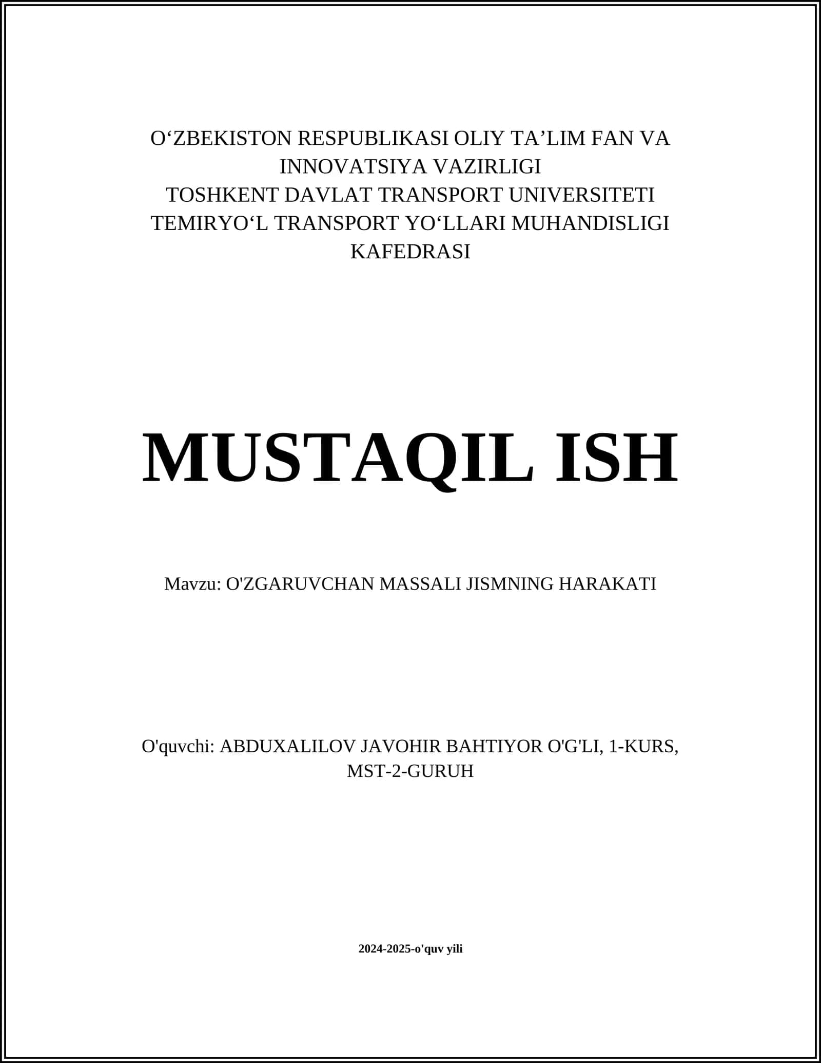 O'ZGARUVCHAN MASSALI JISMNING HARAKATI 1