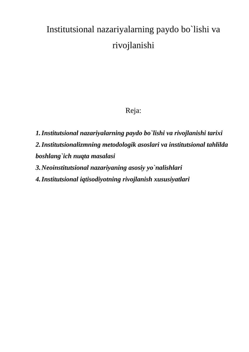 Institutsional nazariyalarning paydo bo`lishi va rivojlanishi 1