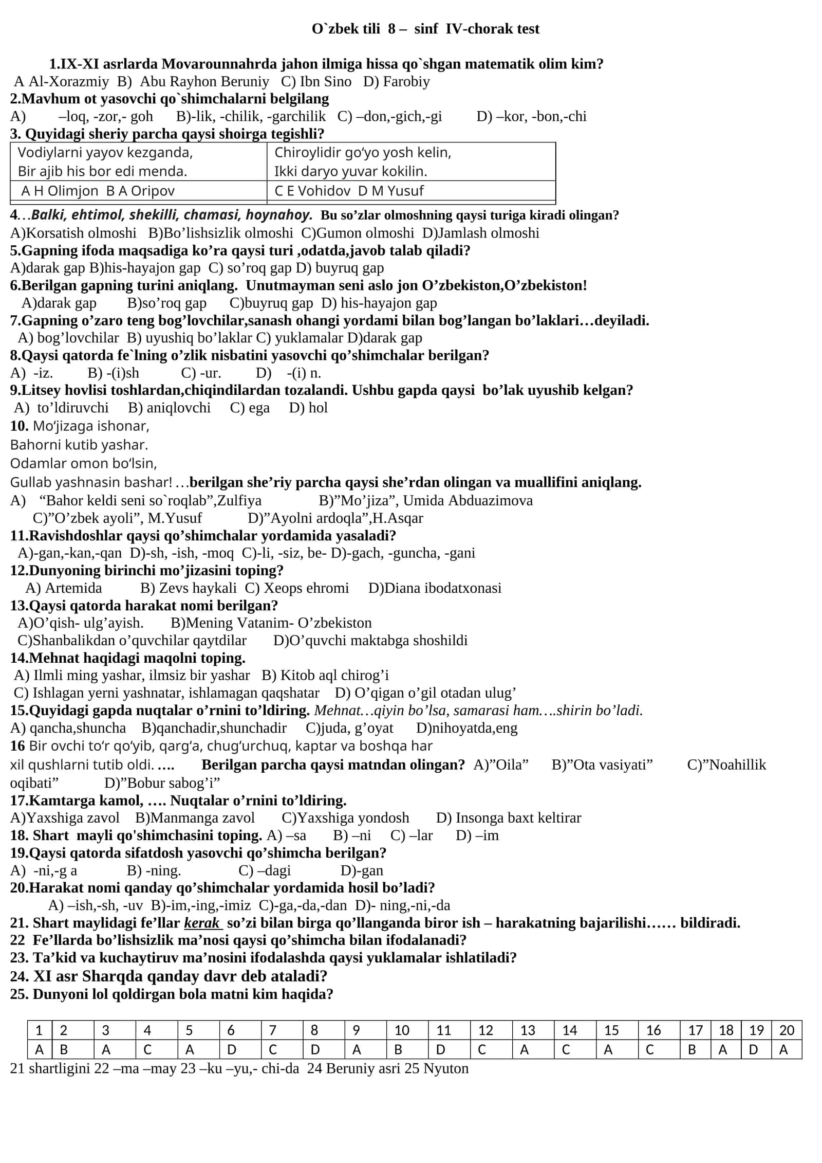 O`zbek tili 8 – sinf IV-chorak test 1
