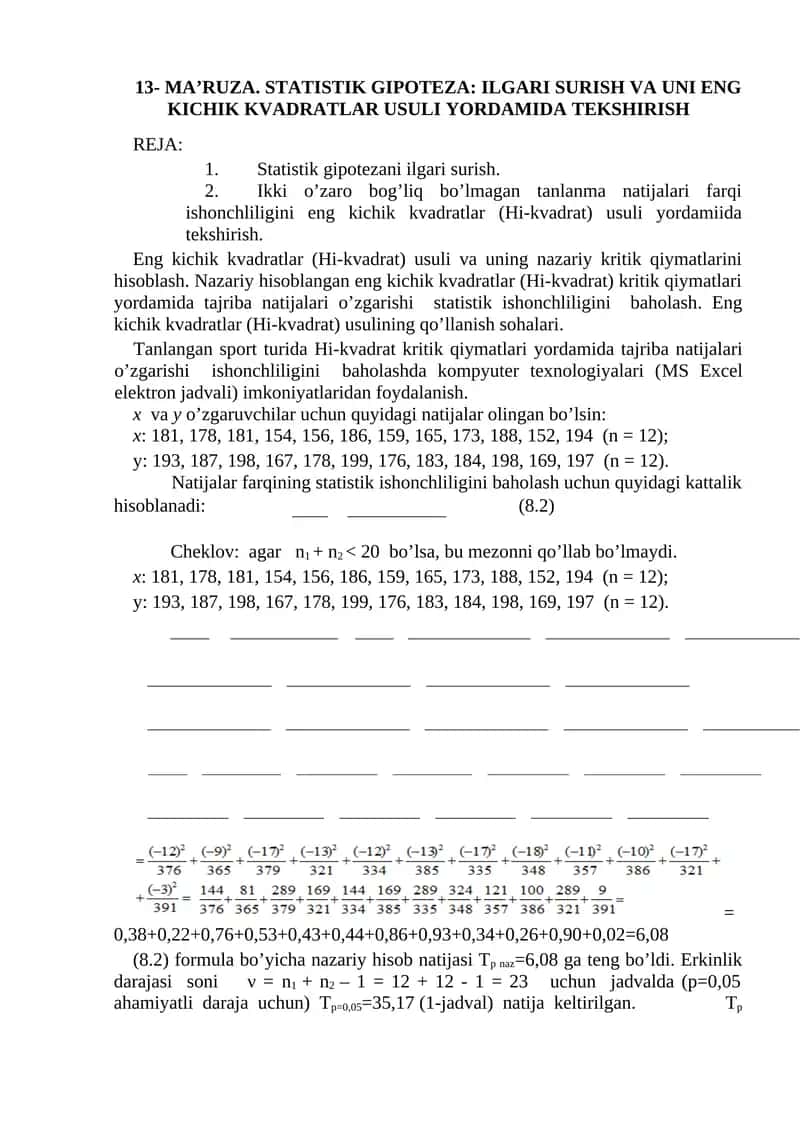 STATISTIK GIPOTEZA: ILGARI SURISH VA UNI ENG KICHIK KVADRATLAR USULI YORDAMIDA TEKSHIRISH 1