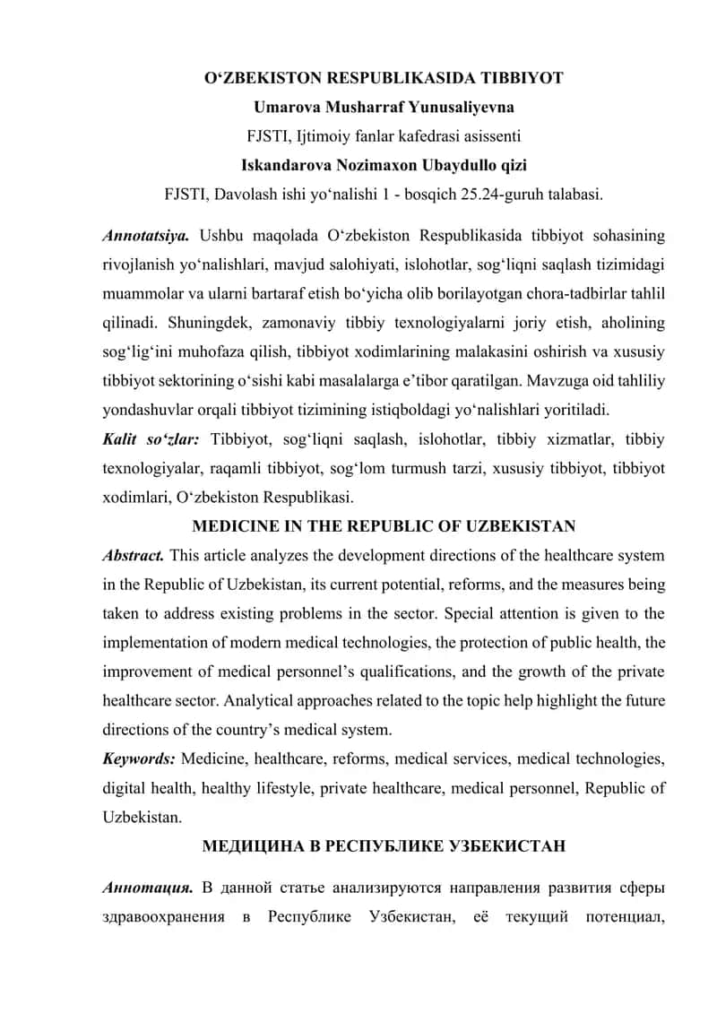 OʻZBEKISTON RESPUBLIKASIDA TIBBIYOT 1