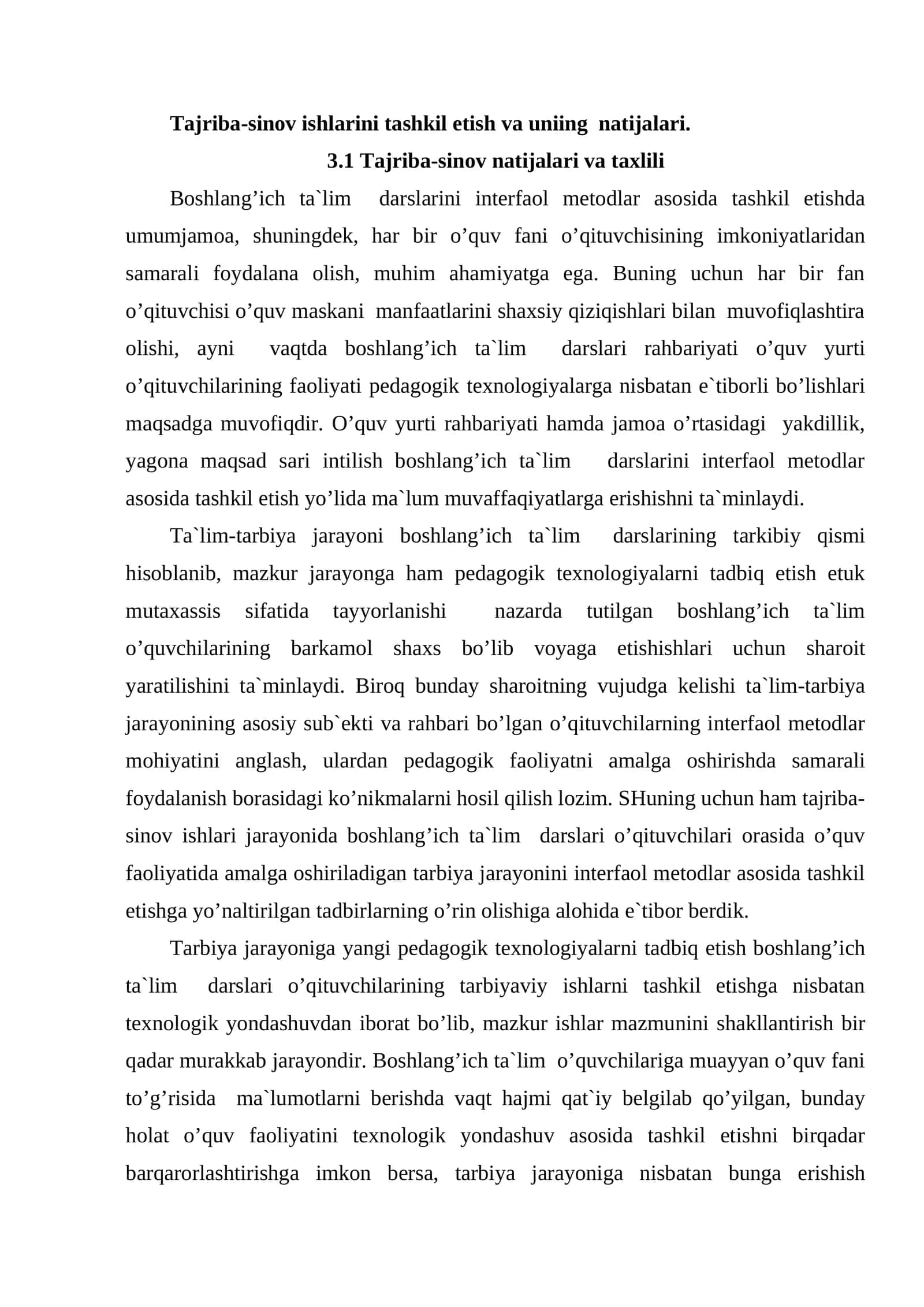 Tajriba-sinov ishlarini tashkil etish va uniing natijalari 1