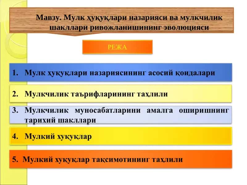 Мулк ҳуқуқлари назарияси ва мулкчилик шакллари ривожланишининг эволюцияси 1