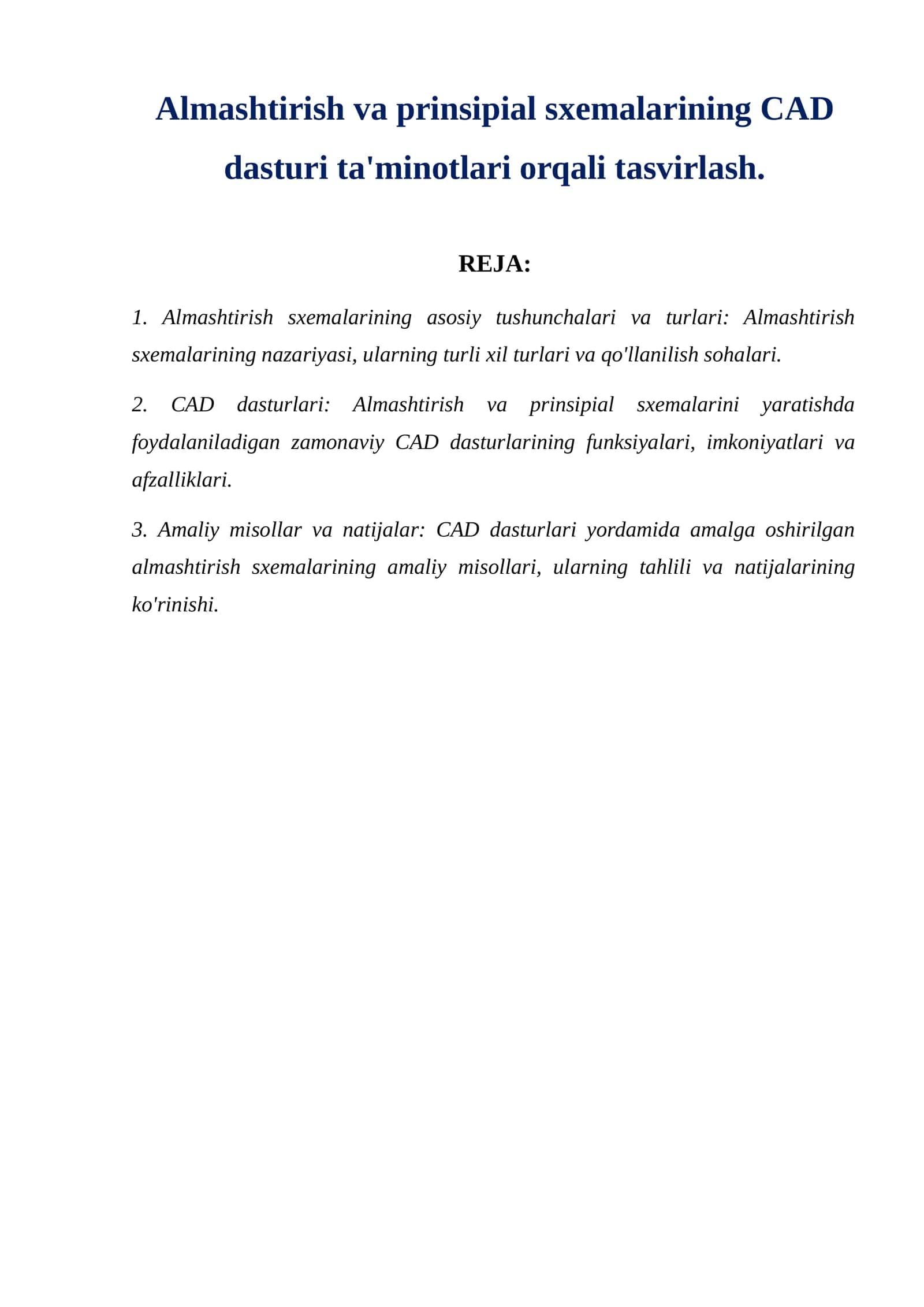 Almashtirish va prinsipial sxemalarining CAD dasturi ta'minotlari orqali tasvirlash.h 1