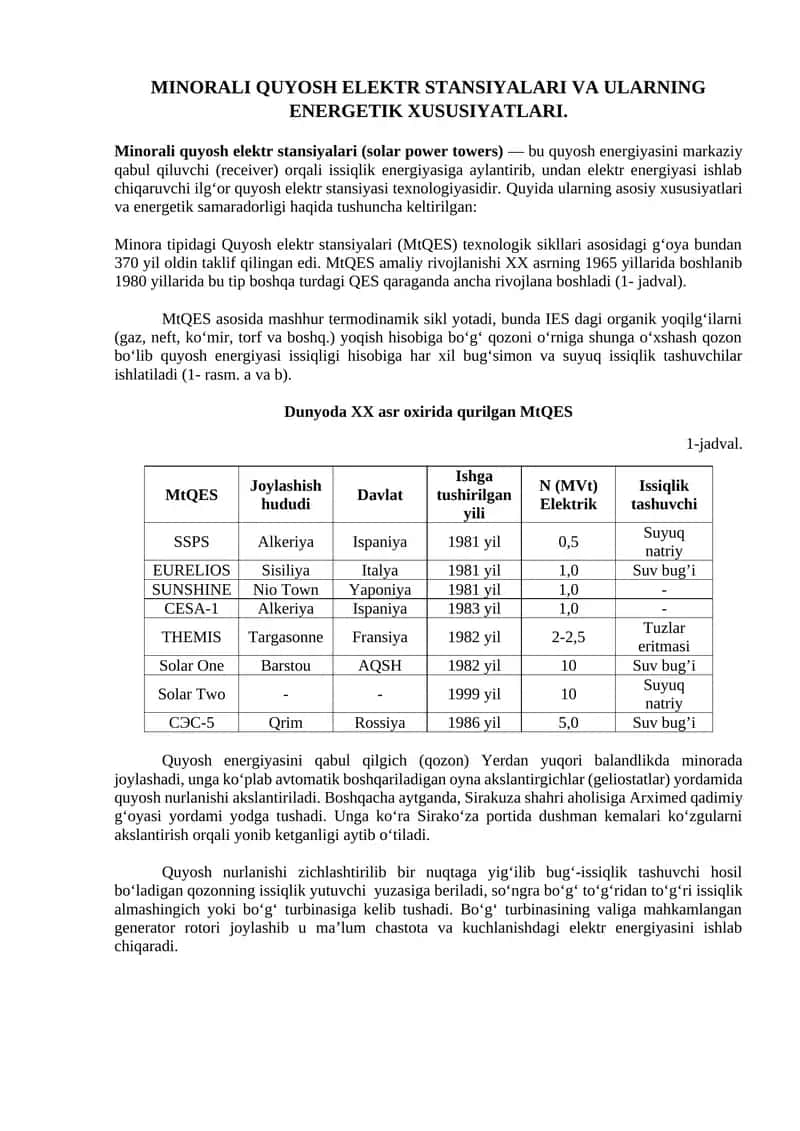 Minorali quyosh elektr stansiyalari va ularning energetik xususiyatlari 1