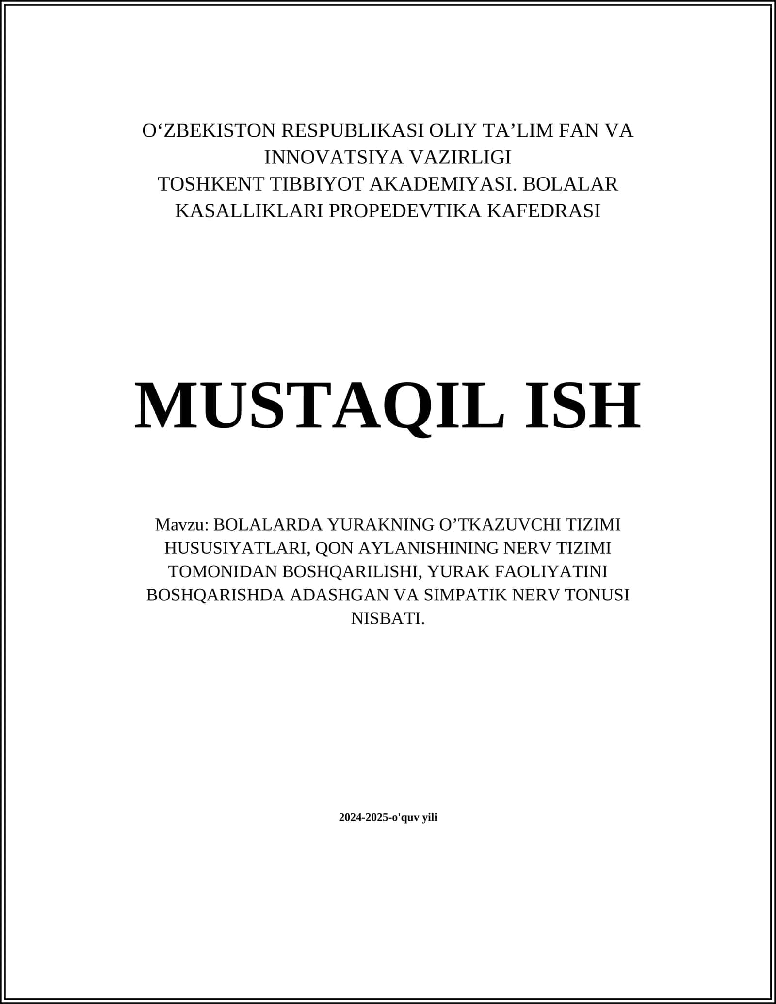 BOLALARDA YURAKNING O’TKAZUVCHI TIZIMI HUSUSIYATLARI, QON AYLANISHINING NERV TIZIMI TOMONIDAN BOSHQARILISHI, YURAK FAOLIYATINI BOSHQARISHDA ADASHGAN VA SIMPATIK NERV TONUSI NISBATI 1