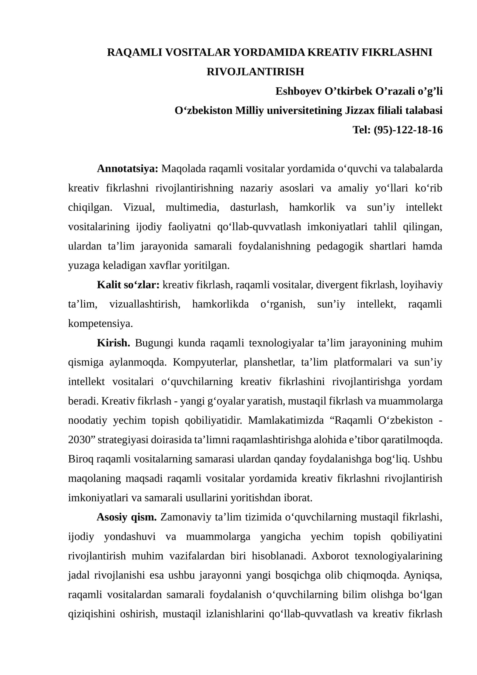 RAQAMLI VOSITALAR YORDAMIDA KREATIV FIKRLASHNI RIVOJLANTIRISH 1