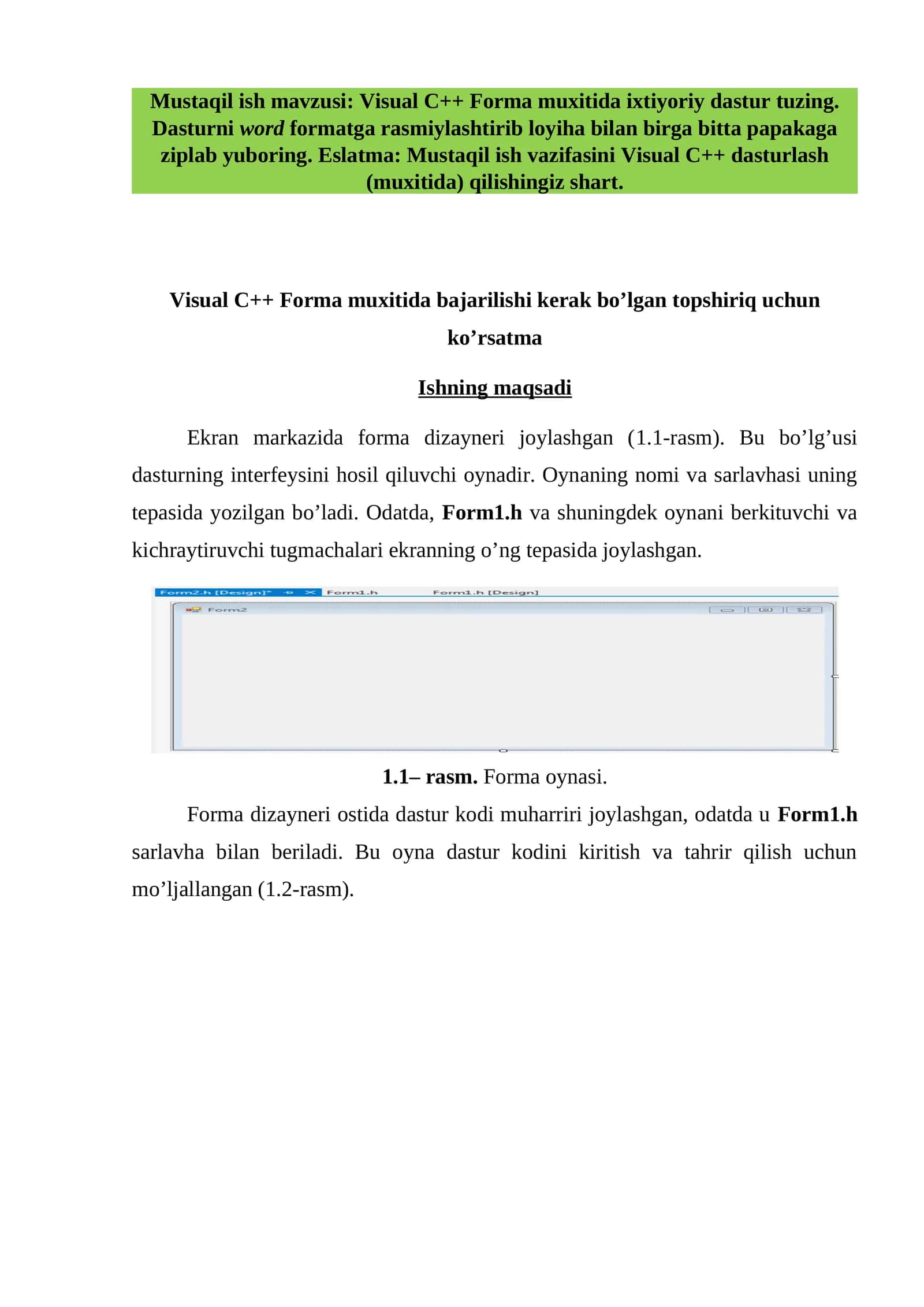 Visual C++ Forma muxitida ixtiyoriy dastur tuzing 1